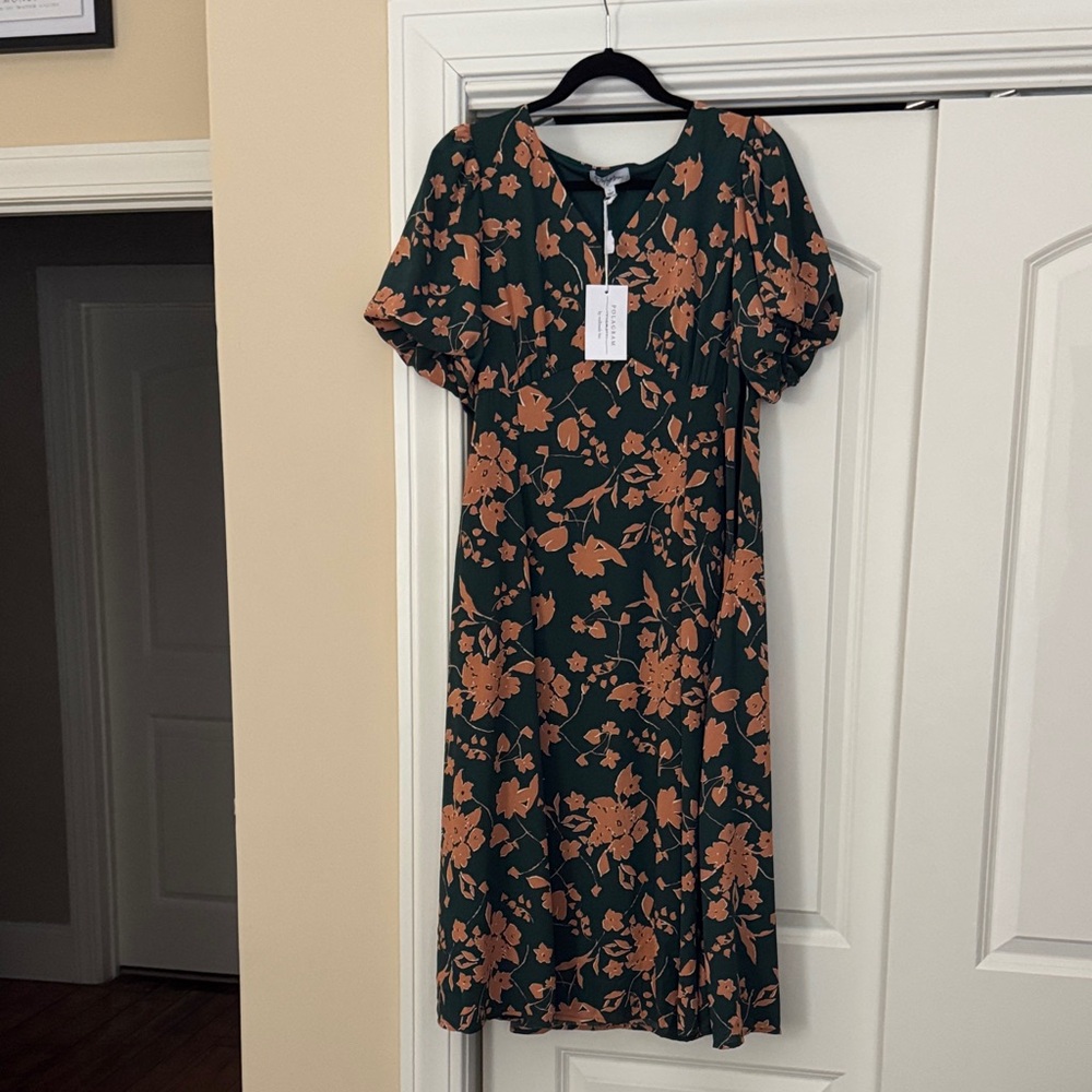 Polagram Dark Green and Orange Floral Midi Dress
